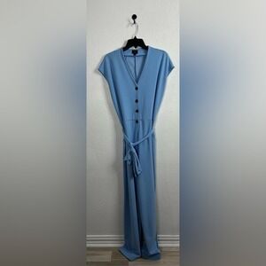 Worthington Women's Short Sleeve Belted Jumpsuit Sz 12 Copenhagen Blue V Neck